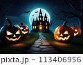 Halloween card, poster, pumpkins, bat, road to the witch's castle-tomb illuminated by moonlight 113406956