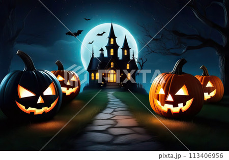 Halloween card, poster, pumpkins, bat, road to the witch's castle-tomb illuminated by moonlight 113406956