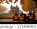 Charming Halloween scene: orange pumpkins in front of a centuries-old castle 113406962