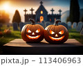 Gloomy and appealing Halloween atmosphere: pumpkins in front of an old castle 113406963