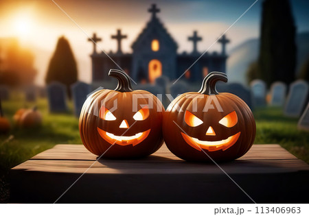 Gloomy and appealing Halloween atmosphere: pumpkins in front of an old castle 113406963