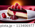A tantalizing raspberry-flavored cheesecake drizzled with a stunning syrup and adorned with juicy berries for an exquisite presentation 113406977