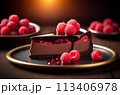 Savor the irresistible combination of chocolate and raspberry in this delectable cheesecake, enhanced by a mouthwatering syrup and a garnish of fresh 113406978