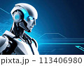 An innovative robot against a composition of abstract geometric shapes creating a harmonious contrast and unique aesthetic with copy space 113406980