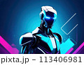 Futuristic robot man, on a blue background with abstract geometric shapes, mixing technology and humanity in one image, new horizons of artificial intelligence 113406981