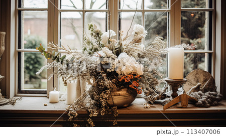 Beautiful bouquet of flowers in vase. Floral arrangement 113407006