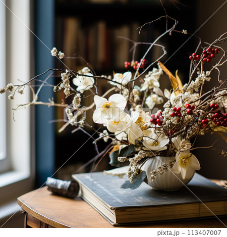 Beautiful bouquet of flowers in vase. Floral arrangement 113407007
