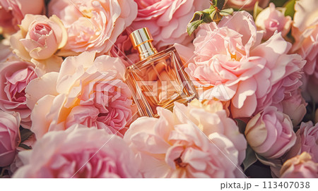 Perfume bottle with beautiful flowers. Beauty concept. Flat lay, top view 113407038