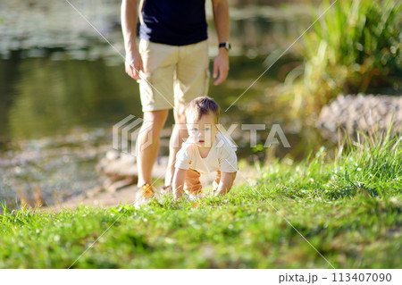 A young father walking with his toddler son along the shore of a pond or river on summer day. A baby boy is learning to walk. 113407090