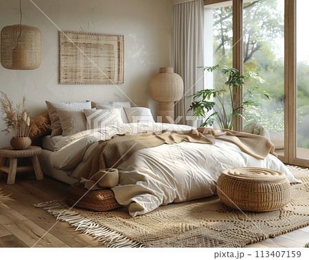Scandinavian-inspired bedroom with clean lines and a neutral color palette3D render 113407159