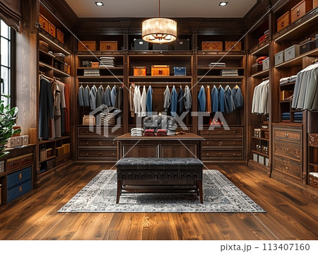 Spacious walk-in closet with custom shelving and an island dresser3D render. 113407160