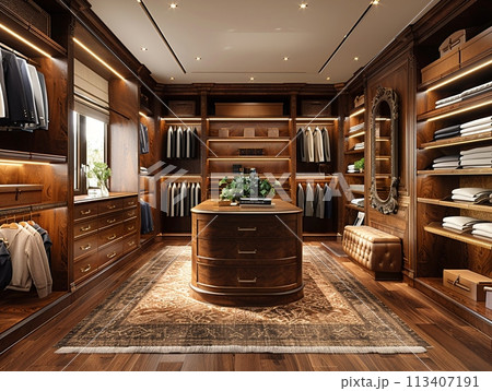 Spacious walk-in closet with custom shelving and an island dresser3D render. 113407191