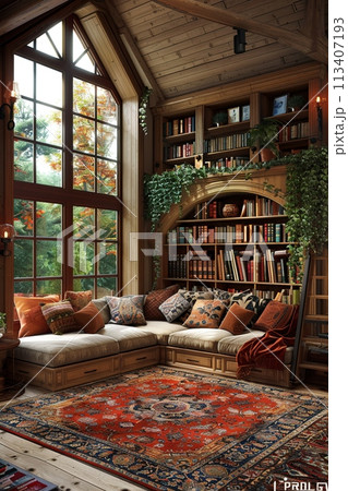 Secret attic reading room hidden behind a bookcase3D render 113407193