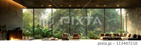 Urban jungle apartment with floor-to-ceiling plants and green walls3D render 113407210