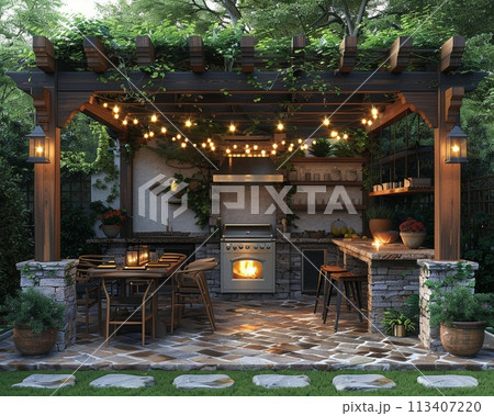 Rustic outdoor kitchen and dining area with a fire pit and string lights3D render 113407220