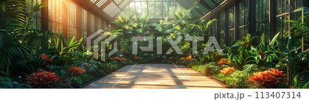 Tropical conservatory with exotic plants and a glass roof3D render. Tropical conservatory with exotic plants and a glass roof3D render. 113407314