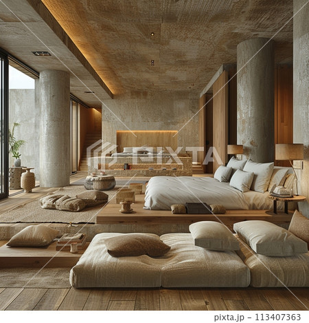 Understated luxury hotel suite with subtle textures and neutral tones3D render. Understated luxury hotel suite with subtle textures and neutral tones3D render. 113407363