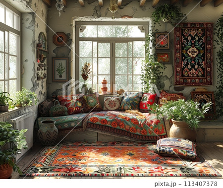 Traditional Russian dacha with folk art and a samovar3D render. 113407378