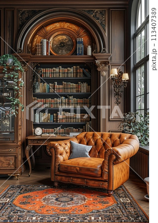 Vintage-inspired study with leather-bound books and a classic writing desk3D render 113407389