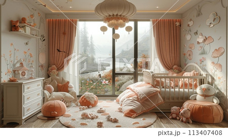 Whimsical fairy tale-themed nursery with magical accents and soft colors3D render 113407408