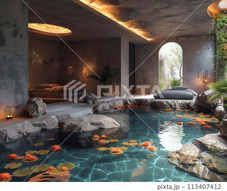 Serene water-themed spa with indoor ponds and floating flower arrangements.3D render 113407412