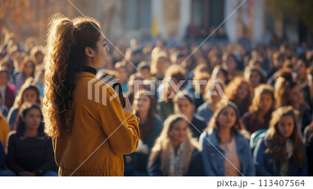 Female Speaker Addressing Large Gathering During Outdoor Event at Dusk Female Speaker Addressing Large Gathering During Outdoor Event at Dusk 113407564
