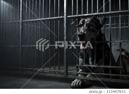 Dog in a dark prison cell. AI created. Dog in a dark prison cell. AI created. 113407631