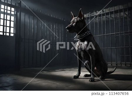 Dog in a dark prison cell. AI created.  113407656