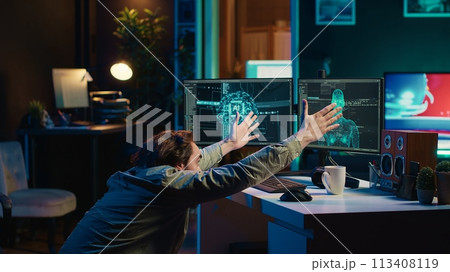 Programmer creating sentient AI, bowing in adulation to new overlord. Crazy computer scientist doing worshiping reverence in front of self aware artificial intelligence, camera A 113408119