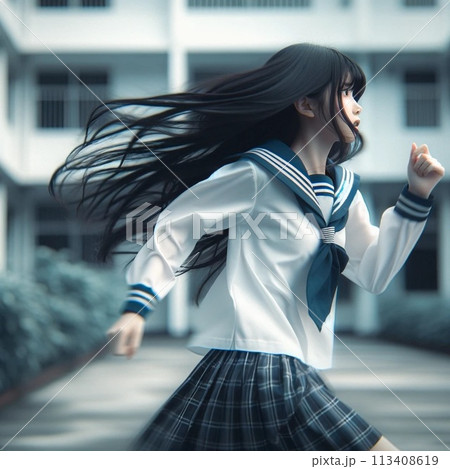 街の中を走っている女の子 113408619