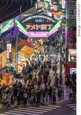 [東京・上野] 英語でようこそと書いてあるリニューアルされた後のアメヤ横丁商店街の門の夜景。 113408715