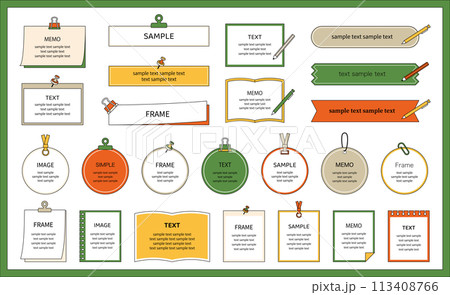 メモ　ノート　フレーム　セット　ポップ　装飾　飾り罫　バリエーション　線画　シンプル　かわいい 113408766