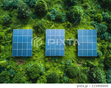 Solar panels in green field aerial view. Sustainable energy, green technology concept  Solar panels in green field aerial view. Sustainable energy, green technology concept  113408800
