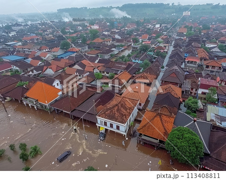 Aerial view of flooding city. Natural disaster damages houses and vehicles. Extreme flood and storm aerial photo. Aerial view of flooding city. Natural disaster damages houses and vehicles. Extreme flood and storm aerial photo. 113408811