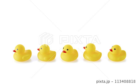 Five Yellow rubber ducks on a white background Five Yellow rubber ducks on a white background 113408818