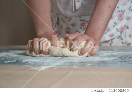 Women's hands with effort stir the dough in flour at studio Women's hands with effort stir the dough in flour at studio 113408869