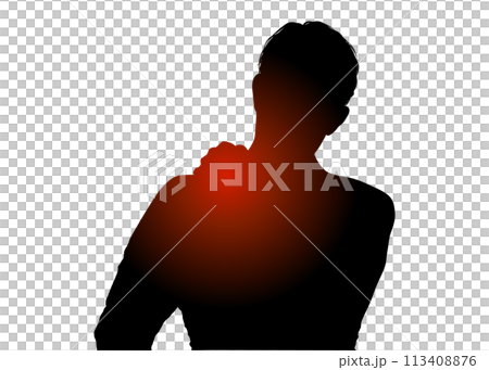 肩こりで悩むビジネスマン男性の上半身後ろ姿のシルエットのイラスト 113408876
