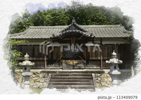 水彩画風　国鉾神社　拝殿　岡山県都窪郡早島町 113409079