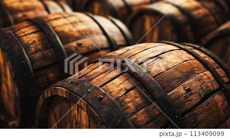 ウイスキーの熟成樽のクローズアップ背景 113409099
