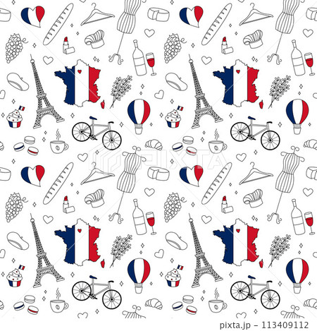 France doodles pattern. Vector seamless background. Cute hand drawn outline French symbols. Elements Eiffel Tower, lavender, country map, tricolor flag and others 113409112
