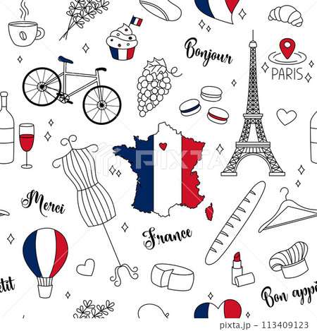 France doodle seamless pattern. Vector background. Cute hand drawn outline French symbols on white backdrop. Eiffel Tower, country map, flag and others. National landmarks 113409123