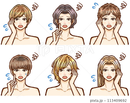 肌トラブルに悩むイケメン大人男性のイラスト素材セット 肌トラブルに悩むイケメン大人男性のイラスト素材セット 113409692