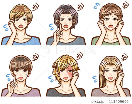 肌トラブルに悩むイケメン大人男性のイラスト素材セット 113409693