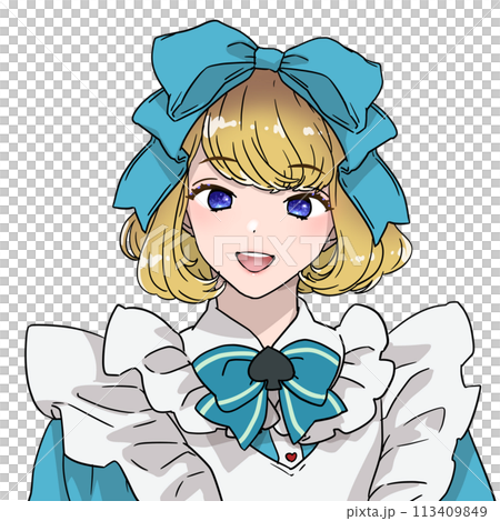 大きなリボンとトランプモチーフのかわいい衣装の女の子イラスト 不思議の国のアリス風 口開き笑顔 大きなリボンとトランプモチーフのかわいい衣装の女の子イラスト 不思議の国のアリス風 口開き笑顔 113409849