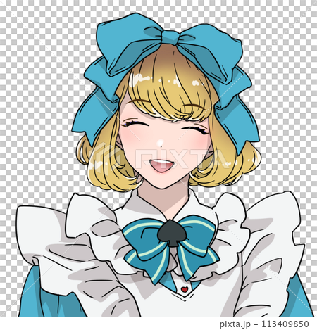 大きなリボンとトランプモチーフのかわいい衣装の女の子イラスト 不思議の国のアリス風 満面の笑み 大きなリボンとトランプモチーフのかわいい衣装の女の子イラスト 不思議の国のアリス風 満面の笑み 113409850