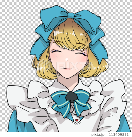 Illustration of a girl in a cute costume with a big ribbon and a playing card motif, Alice in Wonderland style, smiling Illustration of a girl in a cute costume with a big ribbon and a playing card motif, Alice in Wonderland style, smiling 113409851