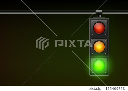 Vector Realistic Hanging Traffic Signal with Green Light. Traffic Light with Glowing Green Prohibiting Signal Isolated on Black Background Vector Realistic Hanging Traffic Signal with Green Light. Traffic Light with Glowing Green Prohibiting Signal Isolated on Black Background 113409868