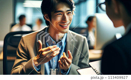 オフィスにて手話を使ってミーティングをする若い男性 113409927