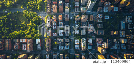 An aerial perspective captures the intricate layout of city streets, buildings, and green spaces, showcasing urban planning and infrastructure. An aerial perspective captures the intricate layout of city streets, buildings, and green spaces, showcasing urban planning and infrastructure. 113409964