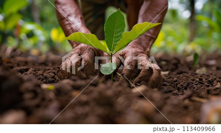 Close-up of hands nurturing a young plant in fertile soil, symbolizing growth, care, and environmental conservation. Close-up of hands nurturing a young plant in fertile soil, symbolizing growth, care, and environmental conservation. 113409966